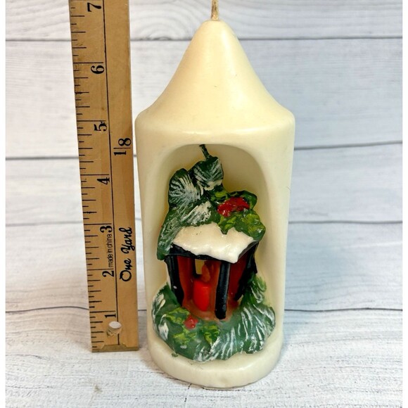 Vintage Christmas Pillar Candle 6.5" Inset Painted Lantern Holly Greenery - Picture 1 of 4
